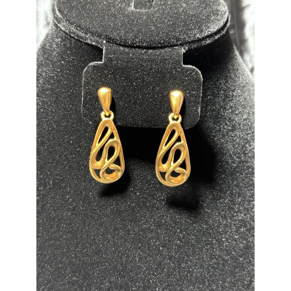 Anne Klein Vintage Post Earrings Brushed Gold Matte Dangle Swirl 1.75" Signed AK
